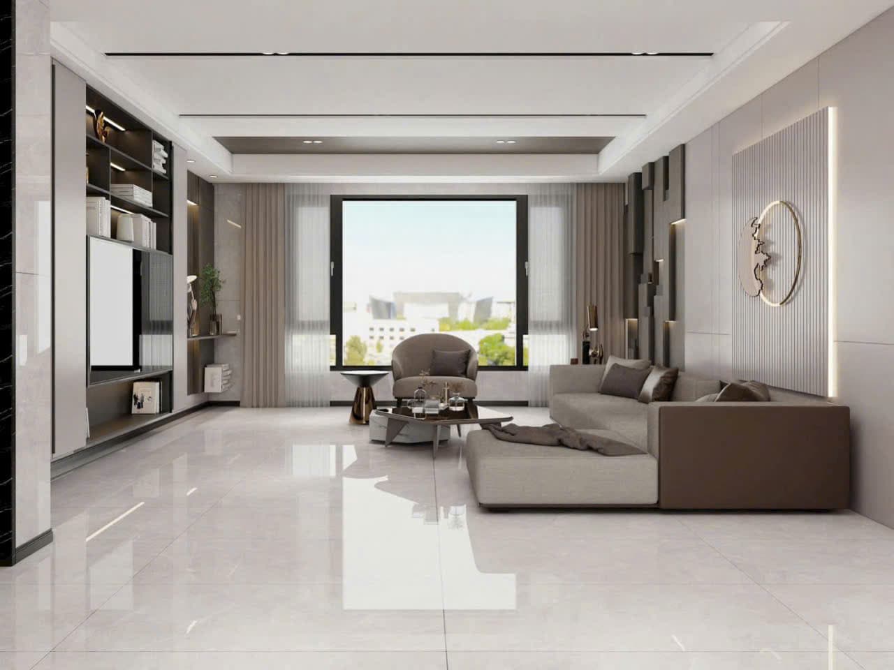 Phòng khách biệt thự lát gạch tone sáng sang trọng và thoáng khí năm 2026